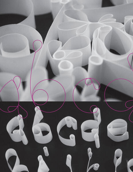 White paper sculptures resembling lowercase letters "a" to "g," with pink outlines, arranged on a dark background. The design emphasizes curves and loops, creating an artistic, modern feel.