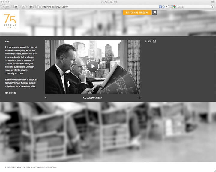 Black and white photo of two men in suits examining a large architectural blueprint, with a cityscape visible through the window behind them. Text box and navigation buttons are shown on the right.