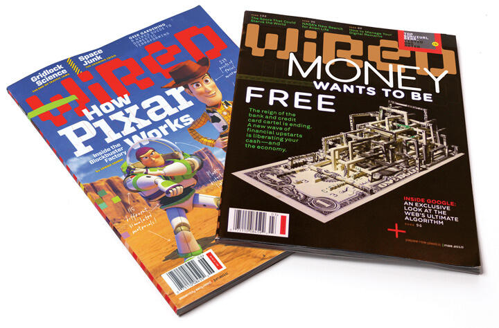 Two issues of Wired magazine, one featuring Toy Story characters with the headline "How Pixar Works," and the other highlighting a money-themed maze with the headline "Money Wants to be Free."