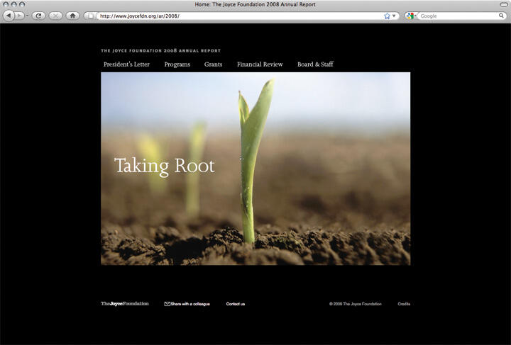 Young green plant shoot growing from soil against a blurred background, with text overlay "Taking Root."