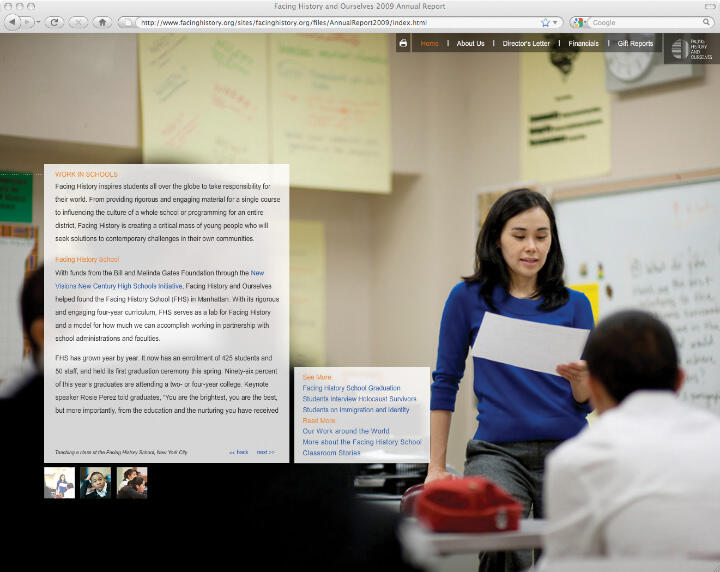 A teacher in a blue sweater stands holding a paper, engaging with a student in a classroom. The setting includes sticky notes on the wall and a whiteboard in the background. Text overlays provide information about an educational program.