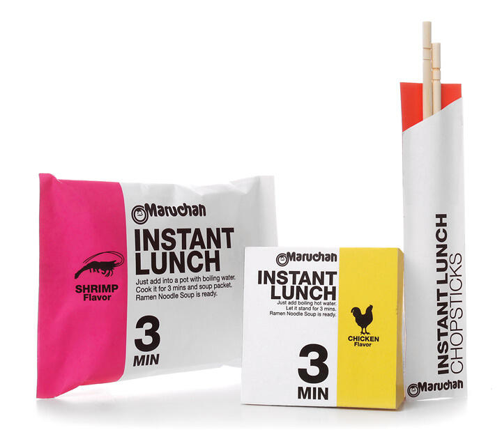 Maruchan Instant Lunch packaging with Shrimp and Chicken flavors, alongside a pair of chopsticks wrapped in paper.