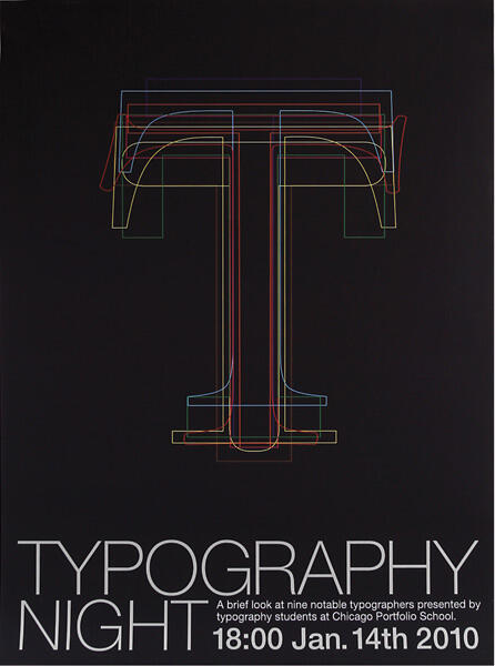 Large, overlapping, multicolored letter "T" on a black background with "Typography Night" written below in white text.
