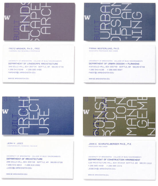 Four sets of business cards with University of Washington branding. Each set has a colorful card displaying academic departments like Landscape Architecture and Urban Design paired with a white card containing detailed contact info for faculty members.