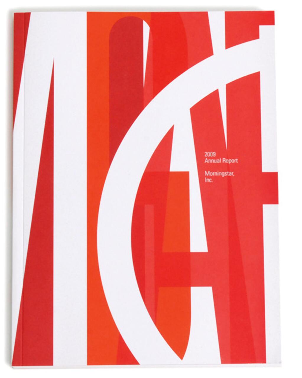 Red and white abstract design cover for the 2009 Morningstar, Inc. Annual Report, featuring large overlapping letters.