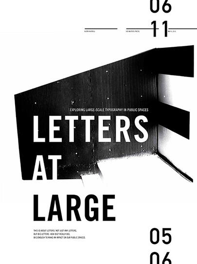 Black and white graphic featuring large, bold text "Letters at Large" on a textured background. Dates and additional text elements are scattered around, creating a modern, minimalist aesthetic.