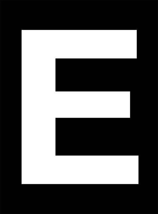 A large white letter "E" on a black background.