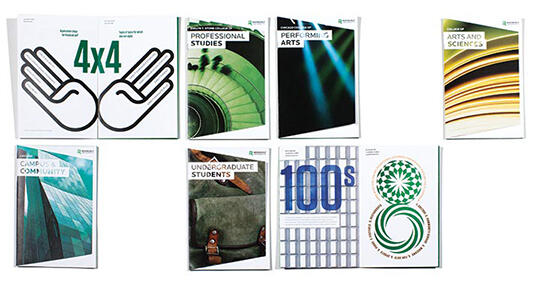 Seven stylized brochures showcasing various academic programs with abstract designs and bold typography, including themes like Professional Studies, Performing Arts, Arts and Sciences, and Undergraduate Students.