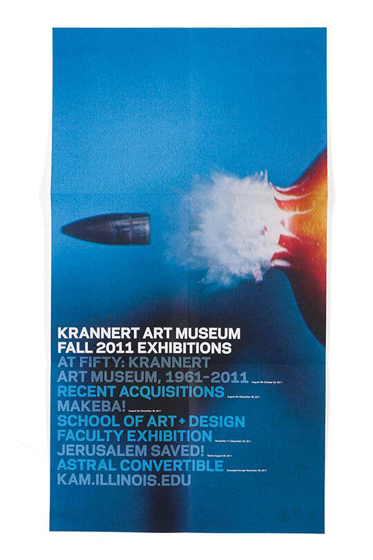 Poster with a blue background featuring a bullet exiting a gun with a flash. Text in bold white and light blue lists events for the Krannert Art Museum Fall 2011 Exhibitions.