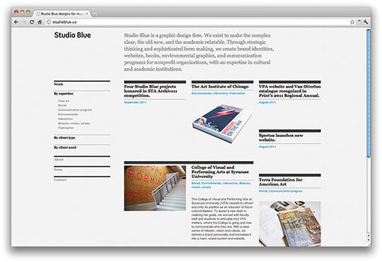 A webpage displaying Studio Blue, a graphic design firm. The page features a simple layout with a navigation menu on the left and content on the right, including text about recent projects, images of book covers, and links.