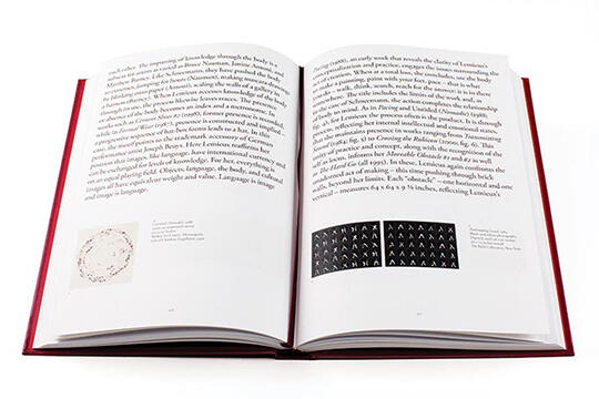 Open book with red cover, displaying text-heavy pages. Left page includes a small circular illustration; right page features a grid of black and white symbols. Pages are set against a plain white background.