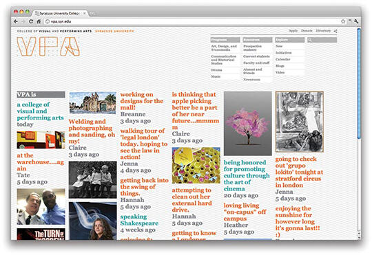Web page screenshot of Syracuse University's College of Visual and Performing Arts. The layout features a grid with various text snippets and small images, including artwork and news about college activities. The header displays navigation options and the college logo.
