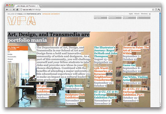Webpage design for Syracuse University's College of Visual and Performing Arts, featuring an image of students working in an art studio. Text overlays list various art exhibitions and events with dates.