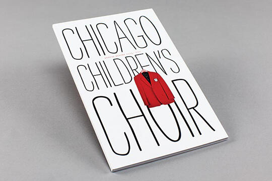 Chicago Children's Choir pamphlet on a gray background, featuring bold, black text and an illustration of a red blazer.