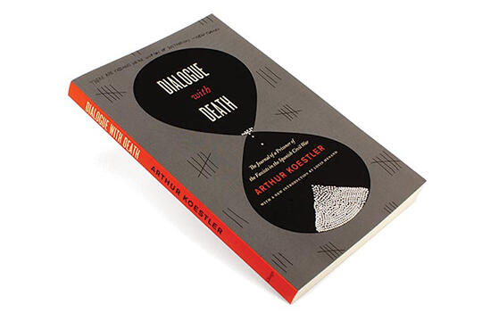 A gray paperback book titled "Dialogue with Death" by Arthur Koestler. The cover features a minimalist hourglass design with tally marks on the background. The spine of the book is red with the author's name in black.