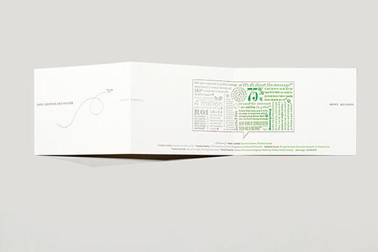 A minimalistic brochure with a white background and green text. The left page features a dotted line with a small paper airplane motif. The right page contains a collage of various phrases and numbers in different sizes and fonts.
