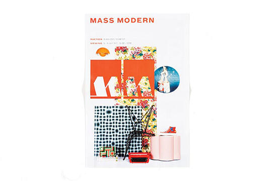Collage with orange and floral elements, featuring abstract shapes, a checkered pattern, and small decorative items, including a shoe and a blue circular photo, labeled "MASS MODERN."
