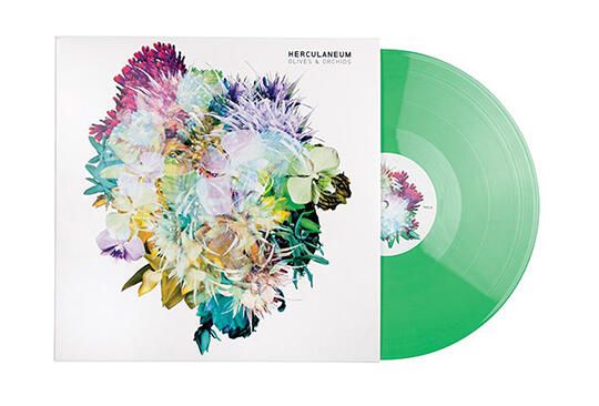 Multicolored floral graphic on a record album cover with a green vinyl record partially visible.