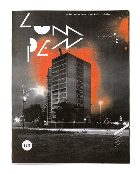 Magazine cover featuring a black and white photo of a tall building at night. The sky is dark with an orange splash effect around the building. White stylized text overlays the photo, including "Lumpen" and "115."