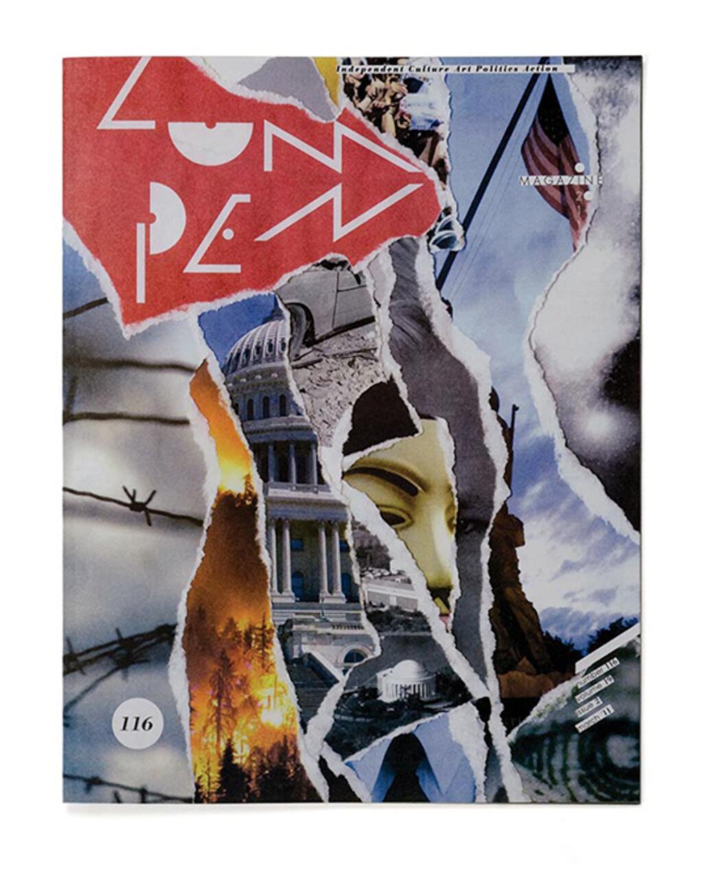 Collage-style magazine cover with torn images of a red geometric shape, a capitol building, a burning forest, a Guy Fawkes mask, an American flag, and barbed wire, numbered 116 at the bottom.