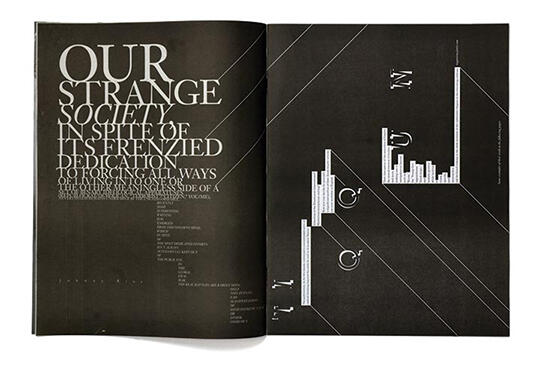 Open magazine spread with white text on black background, featuring bold and italicized typography and vertically arranged text. Geometric lines and shapes are incorporated into the design.