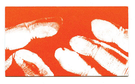 White fingerprint patterns on an orange background.