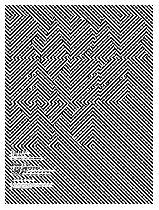 Black and white optical illusion graphic with diagonal stripes intersecting to form abstract geometric shapes and text.