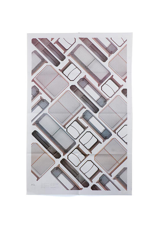 Abstract graphic with rectangular and trapezoidal shapes in various shades of brown and gray, arranged diagonally on a white background.
