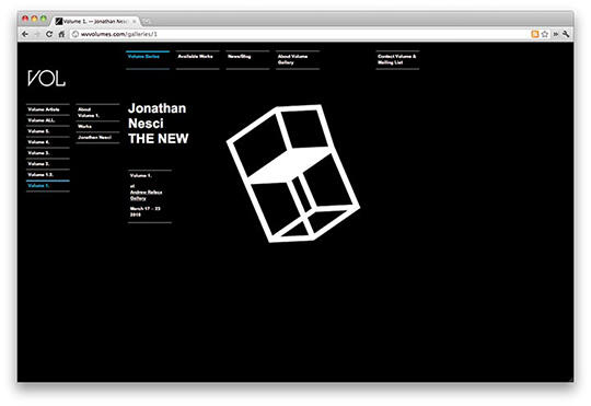 Website design showcasing a minimalist 3D cube graphic and text with a black background, highlighting the name Jonathan Nesci and the words "THE NEW."