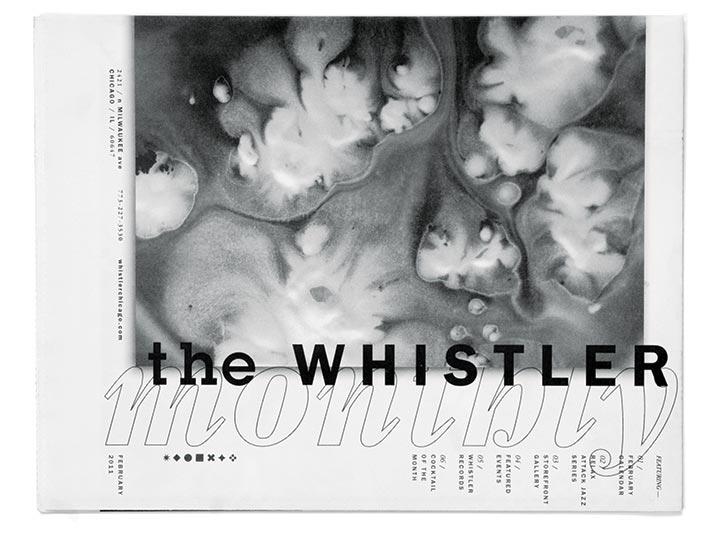 Abstract black and white design with rounded organic shapes and text overlay reading "the WHISTLER" in bold.