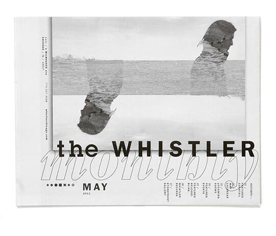 Black and white magazine cover titled "the WHISTLER monthly" for May. Features a double exposure of a person in profile against a seascape. Text details publication information along the left edge.