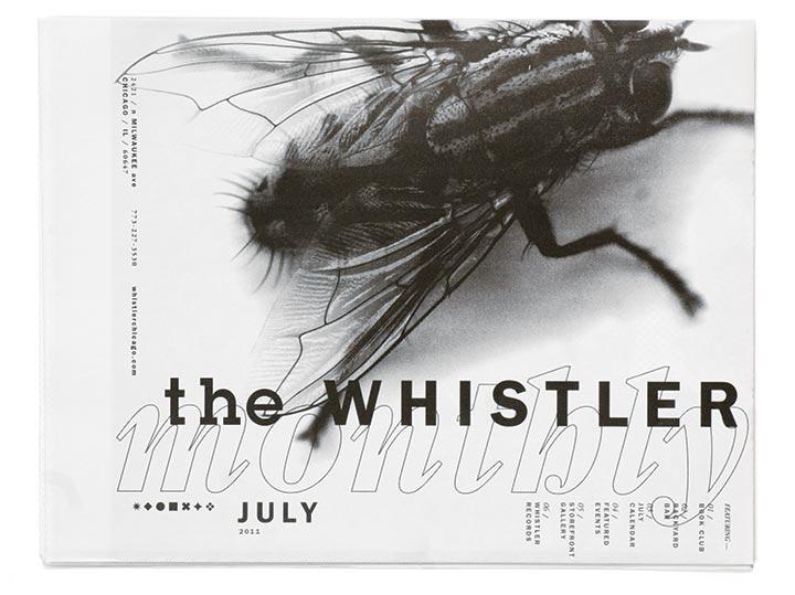 Black and white magazine cover with a close-up photo of a fly. Text reads "the WHISTLER" and "monthly" overlayed on the image. "JULY 2011" is prominently displayed.