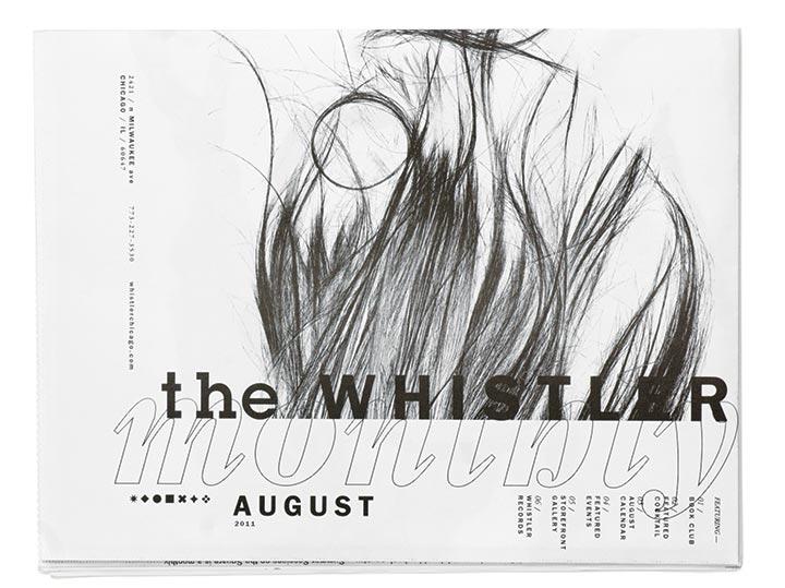 Newsletter cover for "The Whistler Monthly" with black wispy hair illustrations. The text includes "August 2011," and contact information. The design is minimalistic with contrasting black and white tones.
