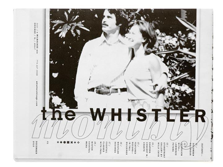 Black and white magazine cover titled "The Whistler Monthly" featuring a smiling, embracing couple outdoors, surrounded by foliage.