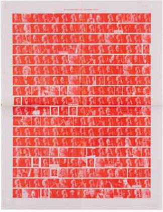 A grid of small white portraits on a bright red background, arranged in rows.