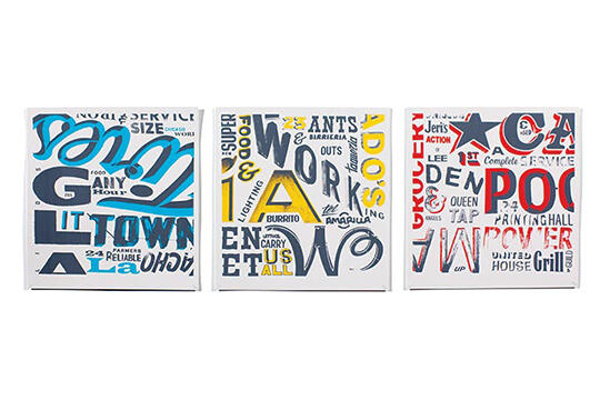 Three abstract typography art panels featuring overlapping and varied text styles in blue, yellow, and red on a white background. Each panel contains a mix of letters and words in different fonts, sizes, and orientations.