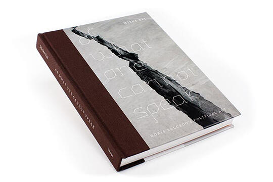 Hardcover book titled "Of What One Cannot Speak," featuring a dark brown spine and a cover with a crack running through a light gray background.