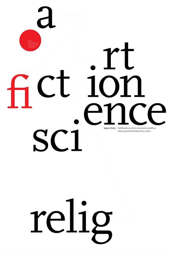 Black and red text on a white background displaying words like "art," "fiction," "science," and "religion," with varying font sizes and a red circle element.
