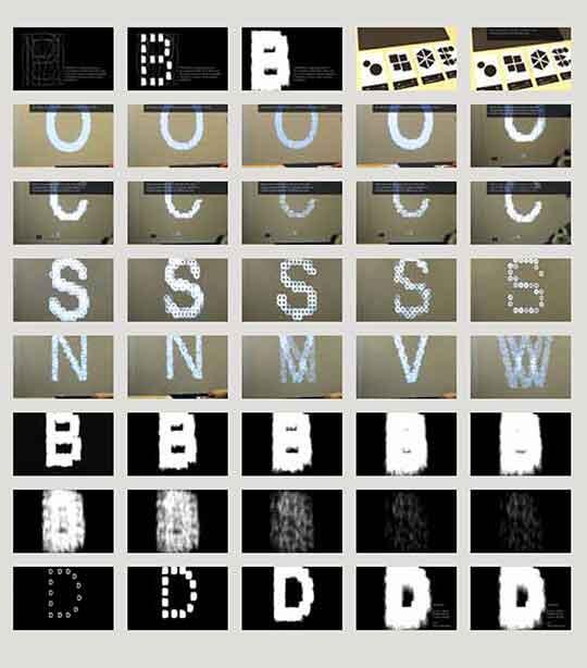 A grid layout showcasing various uppercase letters made from dots, lines, and solid forms across different styles and backgrounds.