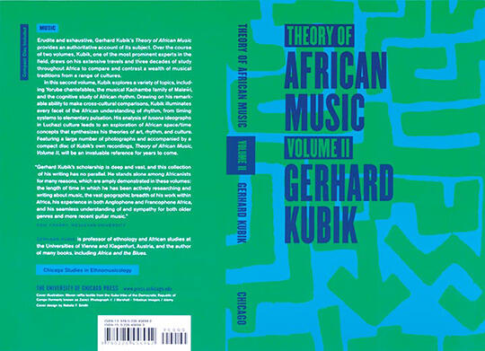 Blue and green book cover titled "Theory of African Music Volume II" by Gerhard Kubik. The cover has abstract green shapes on a blue background, with the text in bold blue and green lettering. The spine repeats the title and author's name.