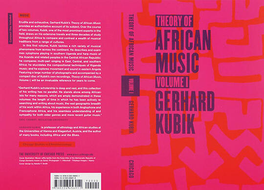 Bright pink book cover with abstract red shapes, featuring bold black text: "Theory of African Music Volume I" by Gerhard Kubik. Centered text with author's name vertically on the spine. Published by The University of Chicago Press.