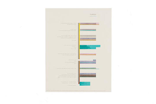 Minimalist graphic featuring horizontal colored bars and text aligned to the left on a white background. The bars vary in length and color, including yellow, teal, and pink. The design has a clean and organized layout.