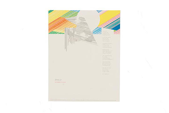 Artistic poster featuring a multicolored, abstract crayon design with geometric forms at the top and white space below. Text with the title "Apollo" appears beneath the design on the left side.