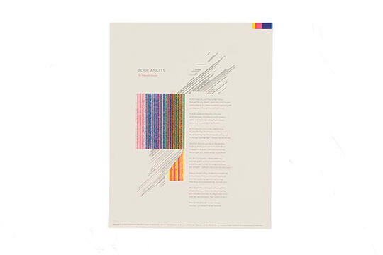Poster with the poem "Poor Angels" by John Updike, featuring a vertical array of colorful bars and black text on a white background. A small, colored rectangle is at the top right corner.