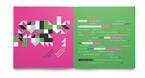 A pink and green graphic design with abstract geometric shapes and various lines of text in contrasting colors.