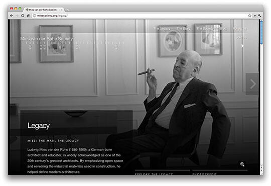 Black and white photograph of an older man in a suit, seated and holding a cigar. The image is displayed on a website page titled "Legacy" with text about Ludwig Mies van der Rohe, a prominent architect, in the lower left corner.