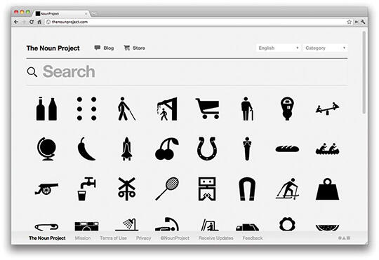 A webpage from The Noun Project displaying a grid of black icons against a white background, including symbols like a shopping cart, a horseshoe, a tennis racket, and more. The icons are evenly spaced in rows and columns.