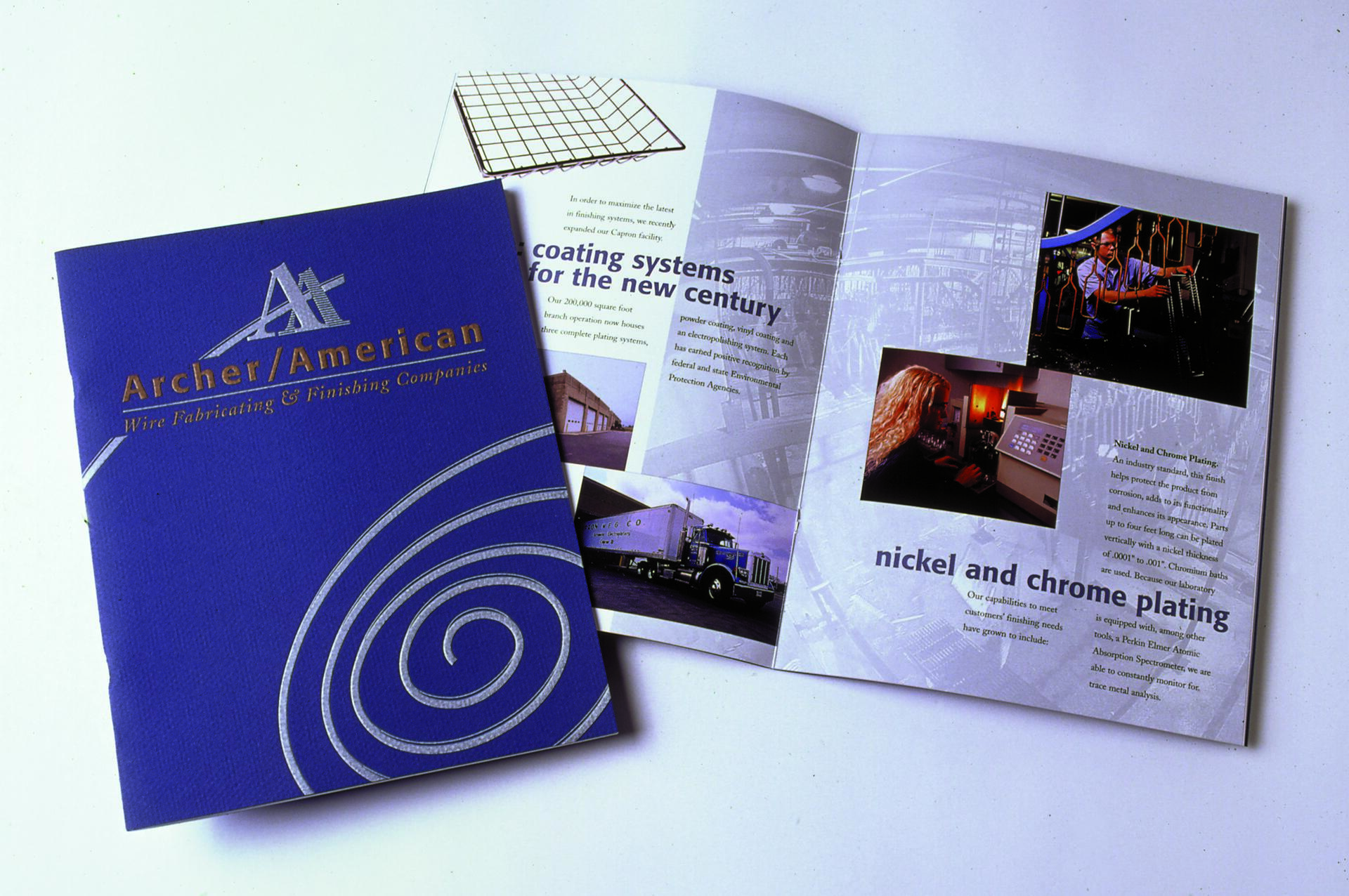 Brochure for "Archer/American Wire Fabricating & Finishing Companies" featuring industrial images and text about coating systems and nickel and chrome plating. Cover has a blue background with silver text and design.