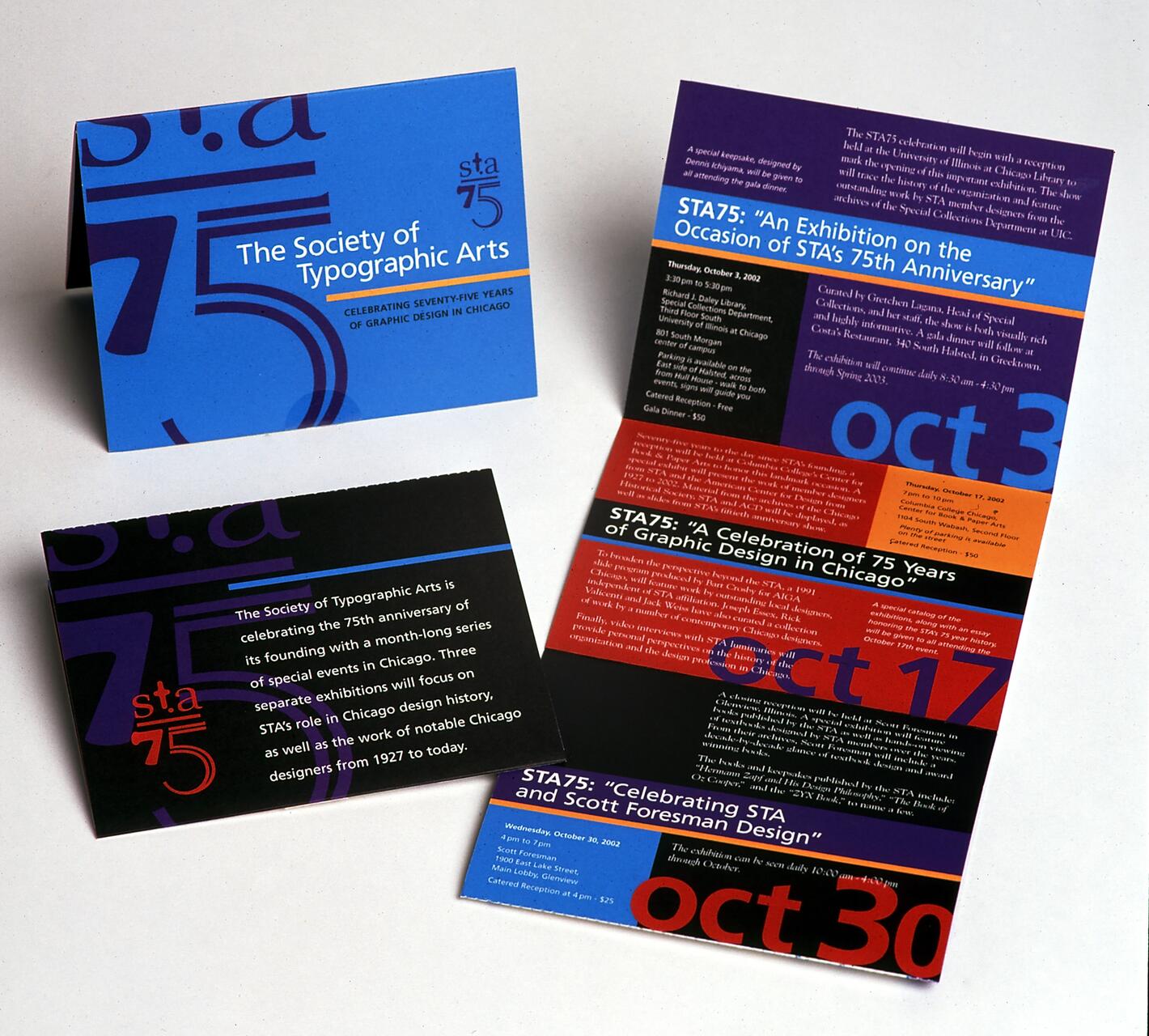 Brochures for the Society of Typographic Arts' 75th anniversary, featuring modern designs with bold colors and large text detailing event information.