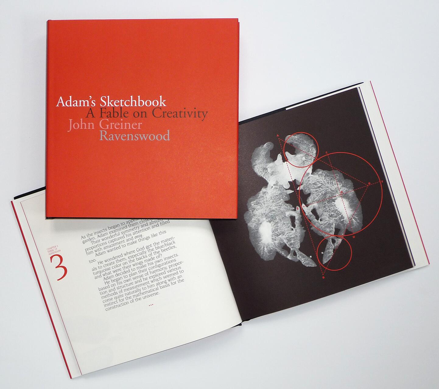 Red book titled "Adam's Sketchbook: A Fable on Creativity" by John Greiner Ravenswood, partially covering an open book. The open book shows text and an artistic black-and-white illustration with geometric red circles over it.